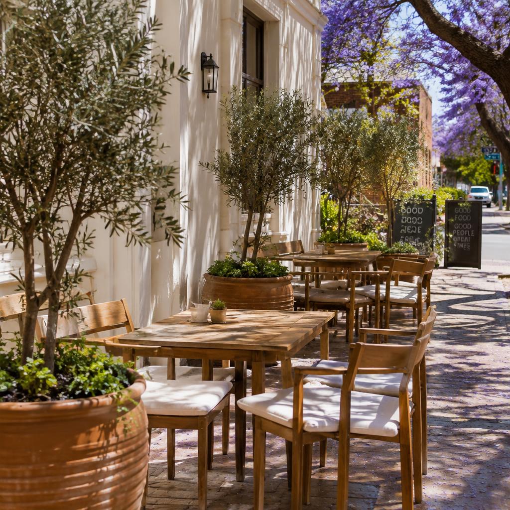 Pavement tables under the jacarandas