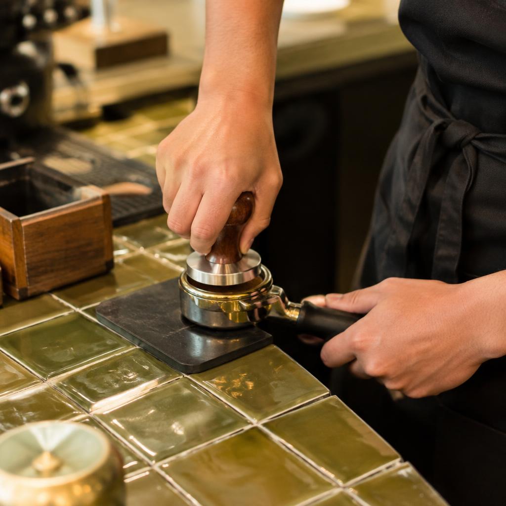 A barista tamping espresso at Brindle & Bean