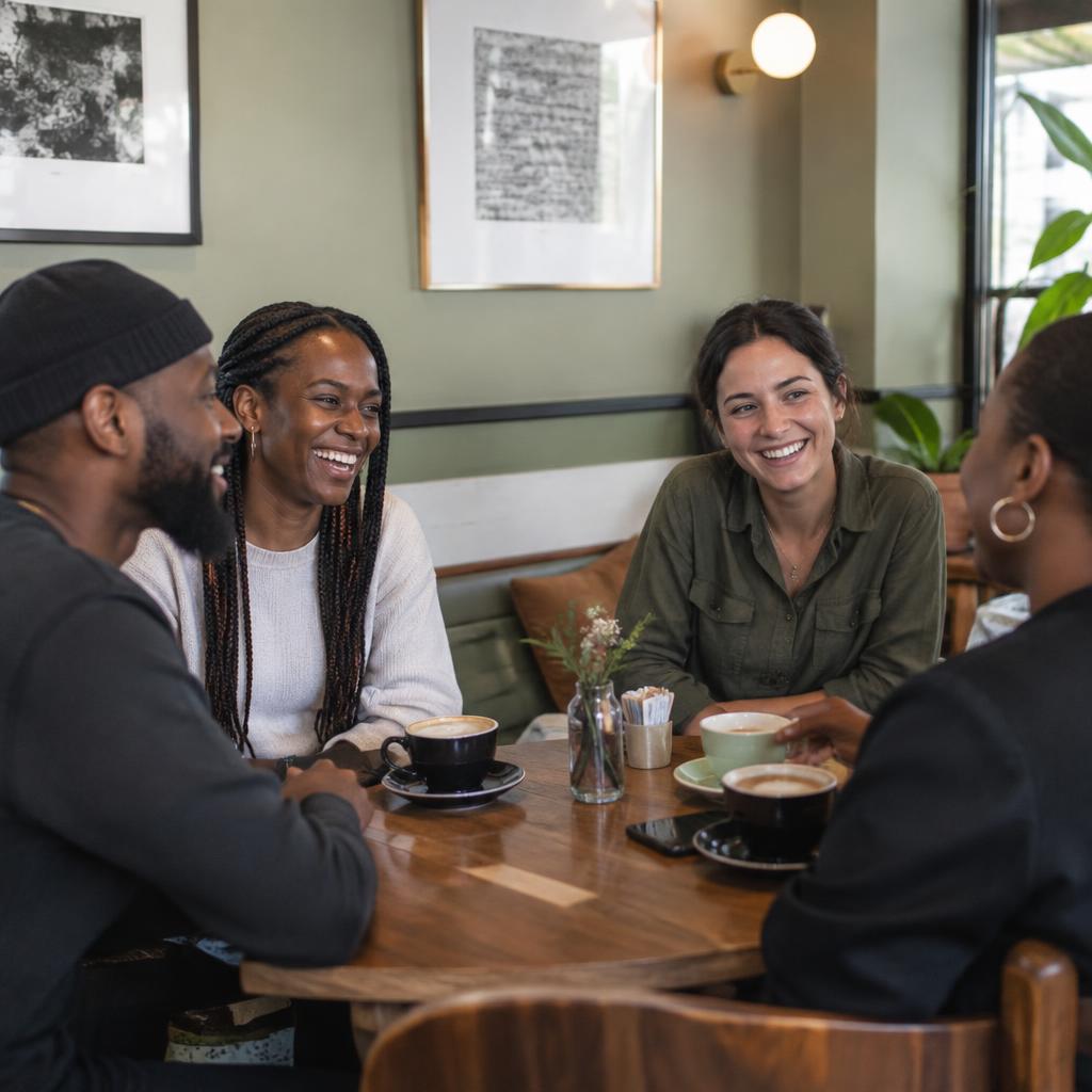 Friends sharing coffee at Brindle & Bean