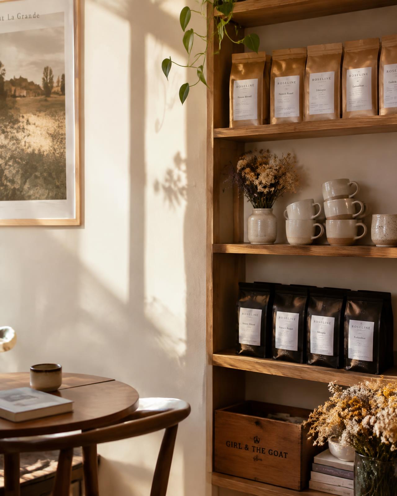 Coffee bags and ceramic cups on a shelf at Brindle & Bean